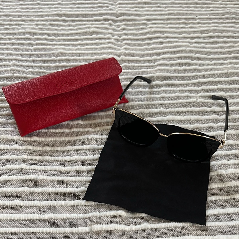 Guess Black Cat Eye Sun Glasses with gold trim & rhinestone embellishment